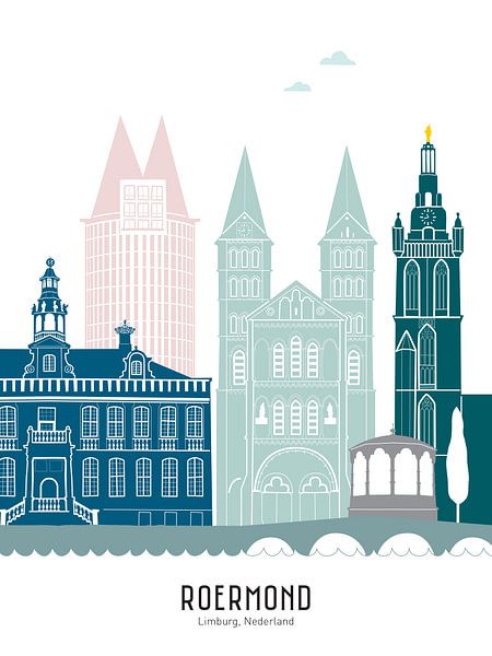 Skyline illustration city of Roermond in colour by Mevrouw Emmer