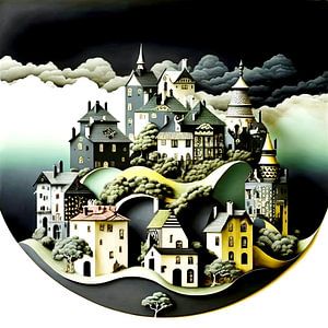 Miniaturstadt Burg Hügel Häuser Bäume Art Deco surreal