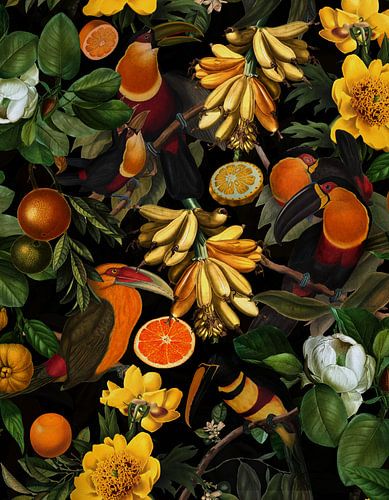 Exotische tropische tuin met vruchten en toekans