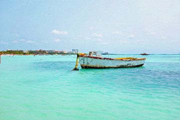 Schilderij van een oude vissersboot op Palm Beach Aruba in the caraibbische zee van Eye on You