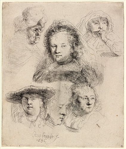 Rembrandt van Rijn,  Studies van het Hoofd van Saskia en anderen