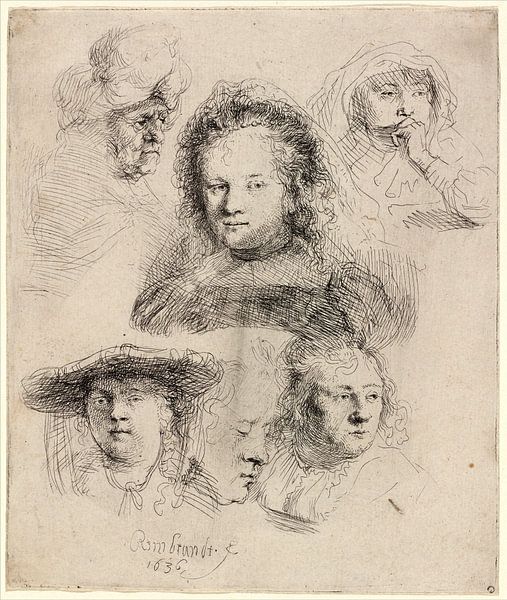 Rembrandt van Rijn, Studies of the Head of Saskia and Others by Rembrandt van Rijn