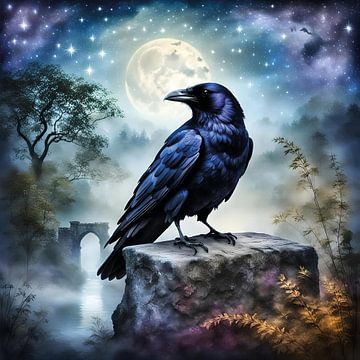 Corbeau dans la nuit avec pleine lune sur Betty Maria Digital Art