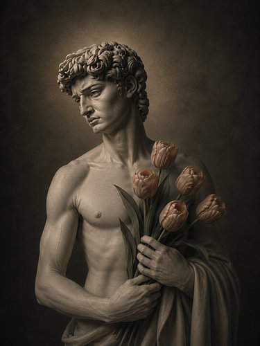 Michelangelo's David mit Tulpen