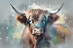 Schottischer Highlander in Grau, Türkis und Orange - Abstrakte Tierkunst