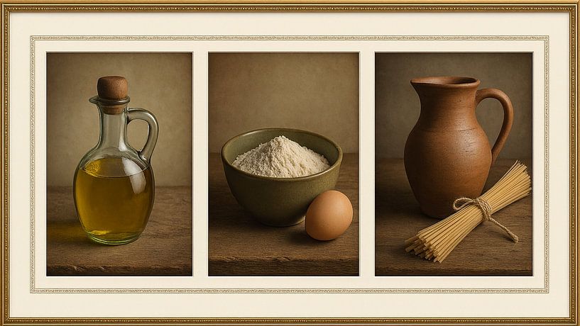 Kitchen classics in gold frame - warm atmosphere with oil, flour and pasta by Kleurenrijk
