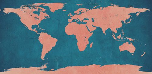 Wereldkaart - blauwgroen en zalmkleurig