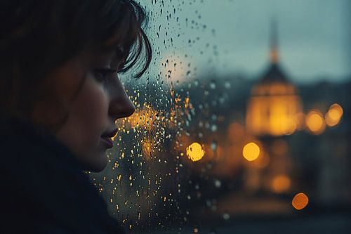 Vrouw bij regenachtig raam