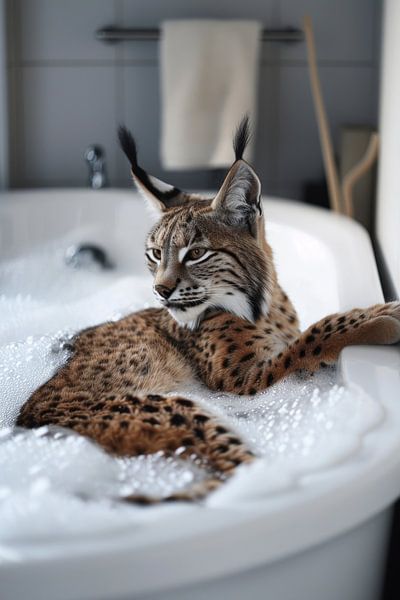 Relaxed Eurasian lynx in the bathtub - a fascinating work of bathroom art for your toilet by Poster Art Shop