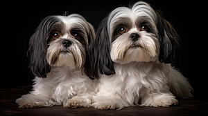 Ein Paar Shih-Tzu-Hunde posiert in einem Studio mit schwarzem Hintergrund