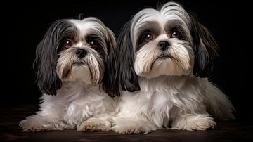 Een paar Shih Tzu honden poseren in een studio met een zwarte achtergrond van Animaflora PicsStock