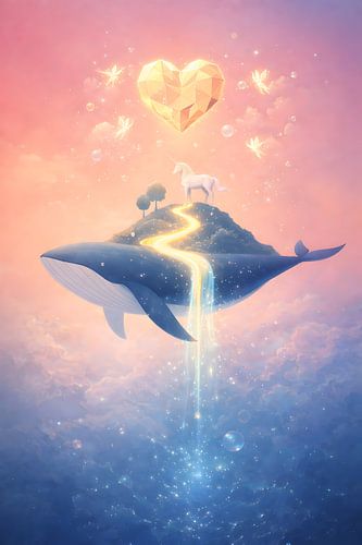 Illustration: Fliegender Wal, Einhorn und Herz – Fantasiewelt