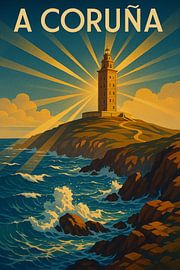 A Coruña Vuurtoren Art Deco Poster van Travel Shop