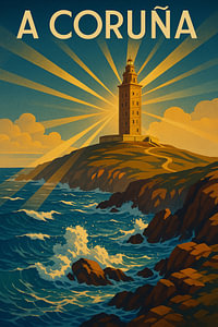 A Coruña Leuchtturm Art Deco Poster