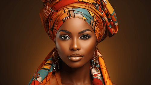 Portrait d'une Africaine avec un foulard coloré sur fond noir