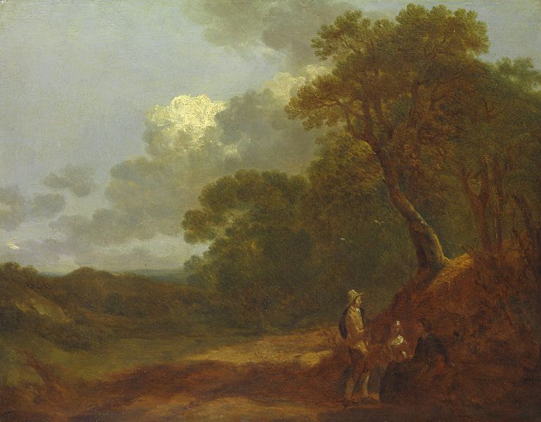 Bosrijk landschap met een man die met twee zittende vrouwen praat, Thomas Gainsborough van Meesterlijcke Meesters