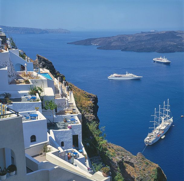 Hotel terraces, cruise ships, Fira, Santorini, Greece by Rene van der Meer