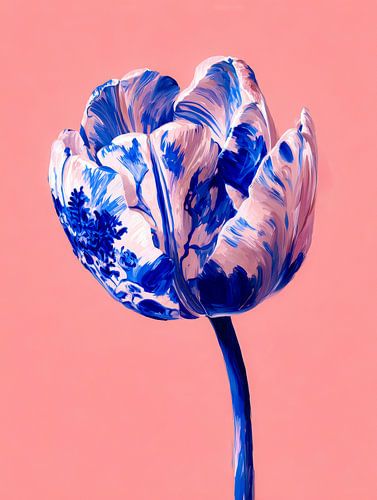 Tulipe en porcelaine bleue sur fond rose
