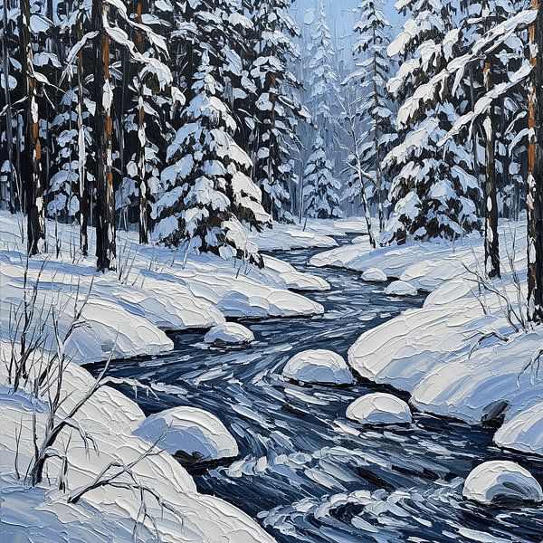 Winterrivier: Een gestructureerd impressionistisch schilderij van een sereen besneeuwd landschap van Artistic
