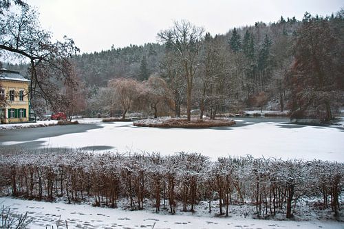 Bevroren vijver bij het Bad Freienwalde veenbad in de regio Oderbruch