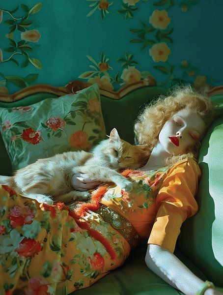 Vintage Frau und Katze Wandkunst - Romantisches Blumenporträt in verträumten Pastelltönen von Ramy Salah Hefny