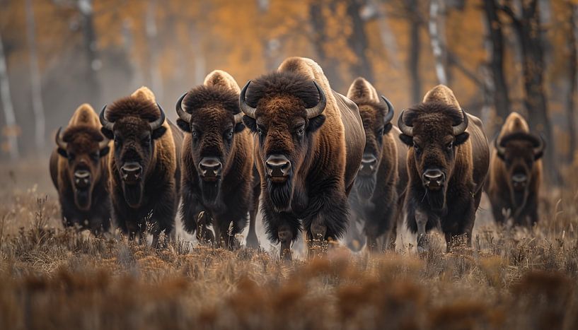 Kudde bizons in het bos panorama van TheXclusive Art