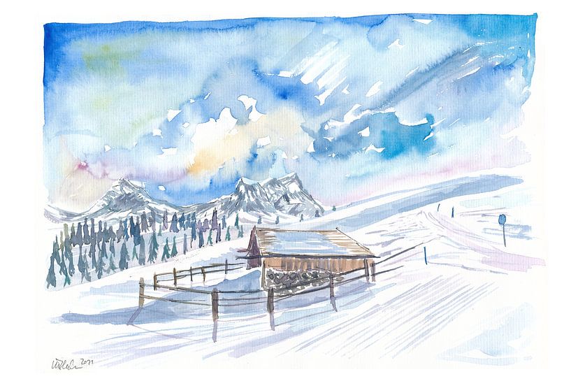 Romantic hut winter scene in snow and mountains by Markus Bleichner