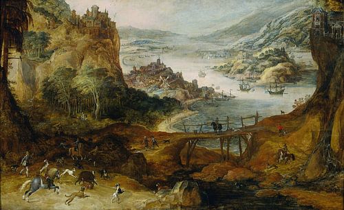 Rivierlandschap met everzwijnjacht, Joos de Momper