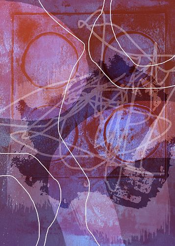 Abstract schilderij in roestig oranje, paars en wit.