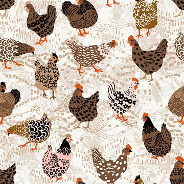Brown chicken  pecking on the ground pattern by Annick