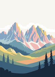 Illustration vectorielle minimaliste représentant des sommets majestueux surplombant une vallée paisible parsemée de pins.