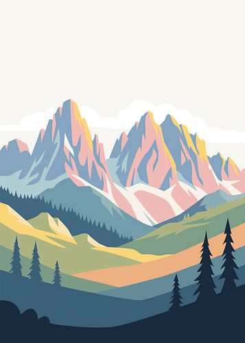 Illustration vectorielle minimaliste représentant des sommets majestueux surplombant une vallée paisible parsemée de pins.