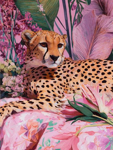 Guépard au milieu de fleurs tropicales
