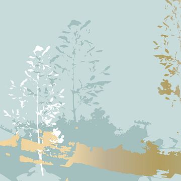 Moderne abstrakte botanische Kunst. Gras in Weiß auf pastellfarbenem Mintgrün und Gold. von Dina Dankers
