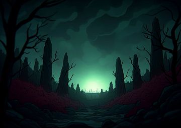 Surrealistisch retro boerderijlandschap met raketlanceringskunst van BINEDITS