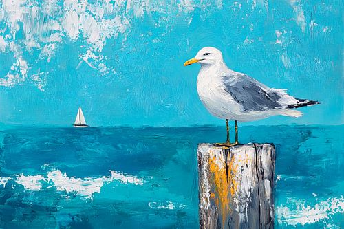 Mouette au-dessus de la mer bleue