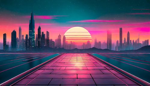 Retro zonsondergang met stad