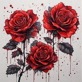 Trio de roses rouges avec coulures et éclaboussures de peinture sur Artistic