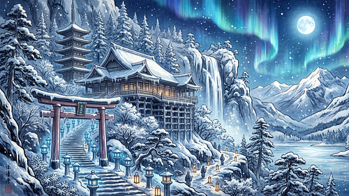 Snowy Japanese Temple Beneath The Northern Lights