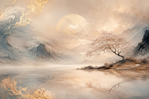 A dreamy mountain landscape with a golden moon