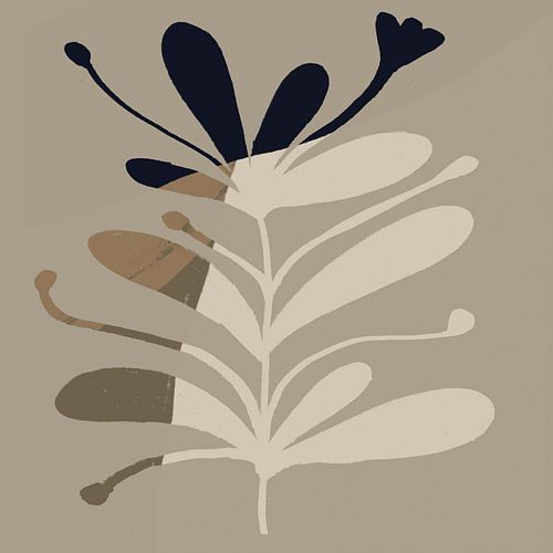 Abstract minimalistisch botanisch. Bloem in zwart, wit en taupe.