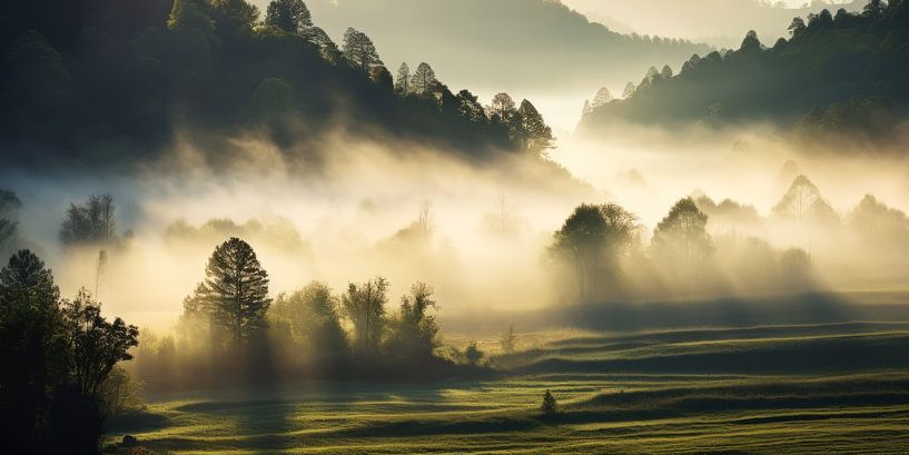 Lever de soleil et brouillard - Magie dans le pays des collines par Vlindertuin-Art