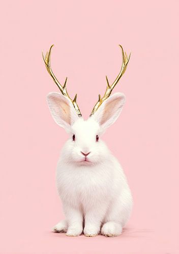 Surrealistisch wit konijn met een gouden gewei
