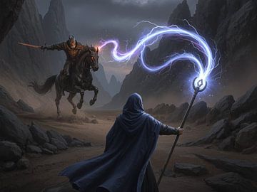 Wizard Casting Lightning at Knight on Horse in Desert by Markus Gann