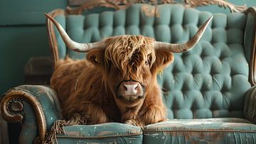 Schottisches Hochlandrind entspannt auf grünen Couch von Beefboy