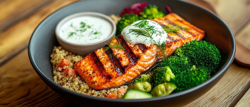 Grilled salmon with vegetables and sauce by Poster Art Shop
