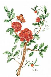 Tangerine Twist Chinoiserie flower branch with butterfly – hand-painted in trendy colour by Lemon Dessin : Monika Lechner