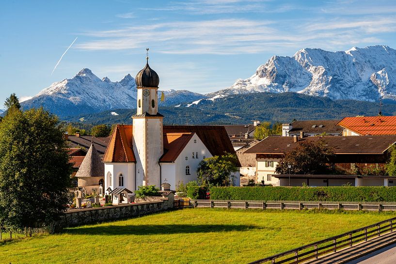 Wallgau Church of St Jacob with snow-covered mountains by Photo Art Thomas Klee