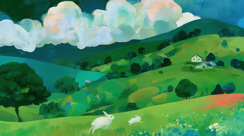 Vrolijke konijnen in de bergen abstract panorama