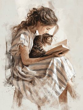 Reading Girl with Cat by IamHome Studio